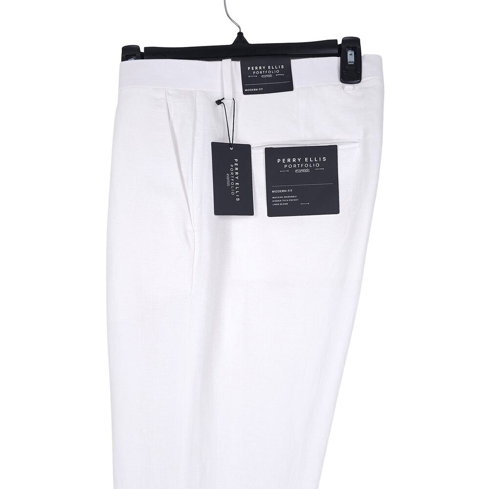 Perry Ellis Portfolio Mens Modern Fit Dress Pant 32x30 Bright White Linen Cotton